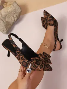 Summer New Women's Vintage Leopard Print Bow Pointed Toe Stiletto Heel Shoes, Comfortable Soft Rubber Sole, Fashion Casual Party Wear
