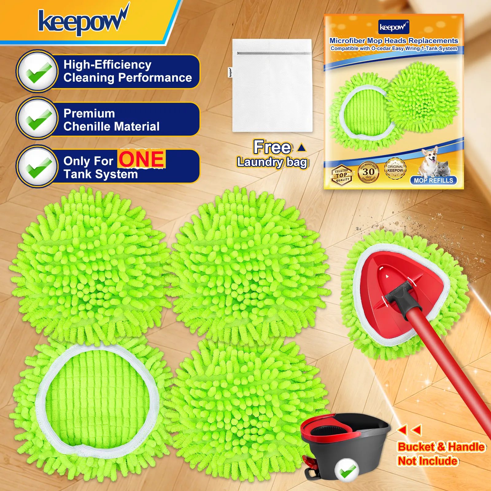 KEEPOW Machine Washable Chenille Mop Head Refill - Water Absorbent Pads, Fits O-Cedar Easy Wring 1-Tank System & Ocedar Base, Dry/Wet Cleaning, Dust/Grease Lift, Great on Sealed Hard Floors (Handle Not Included)