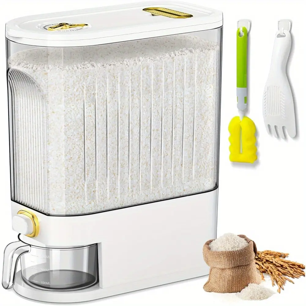 22.05LB rice dispenser, large dry food storage container with measuring cup and time scale, food dispenser for kitchen organizations and pantries, containing dry grains