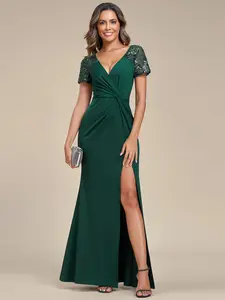 Ever-Pretty Women's Deep V-Neck Sequin Short-Sleeve High-Side Front Slit Formal Evening Dress 01669