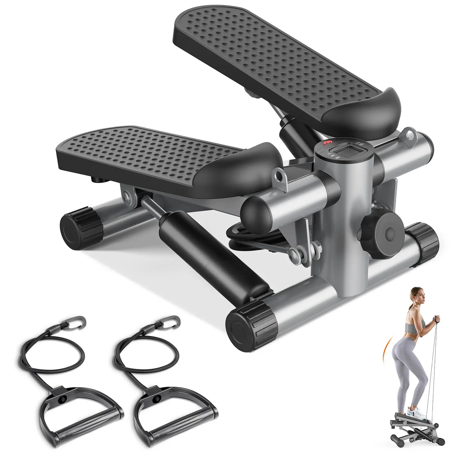 Mini Stair Stepper for Home Workout, Compact Fitness Stepper with Resistance Bands, LCD Monitor, Adjustable Height, Non-Slip Oversized Pedals, 300 LBS Capacity, for Abs, Waist, Thighs and Buttocks Training