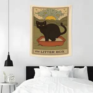 Black Cat Pattern Tapestry, 1 Count Funny Black Cat Illustration Tapestry, Aesthetic Wall Hanging Decor, Wall Art for Home Living Room Bedroom Office, Decoration