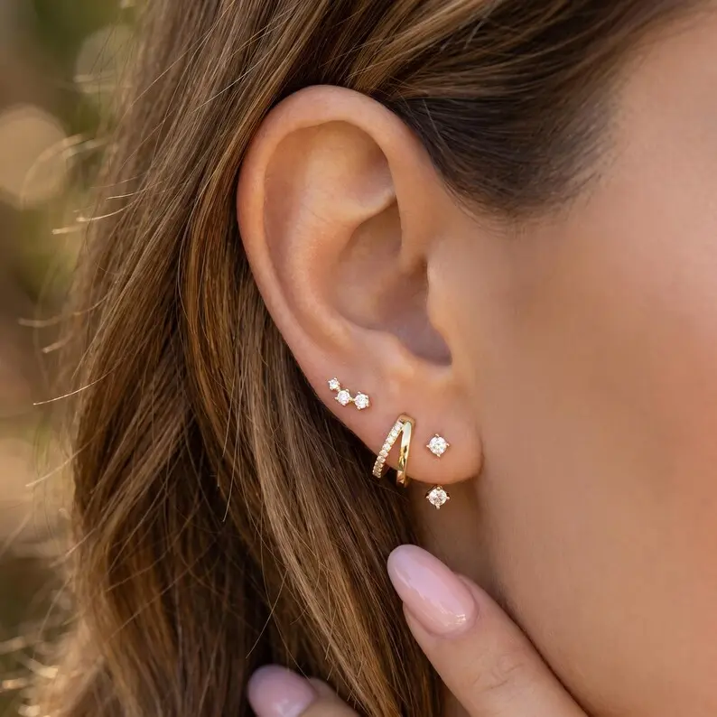 3-Piece Earring Set Double Layer Huggie Hoop Crawl Stud Front Back Solitaire Duo Minimalist Stackable Trio