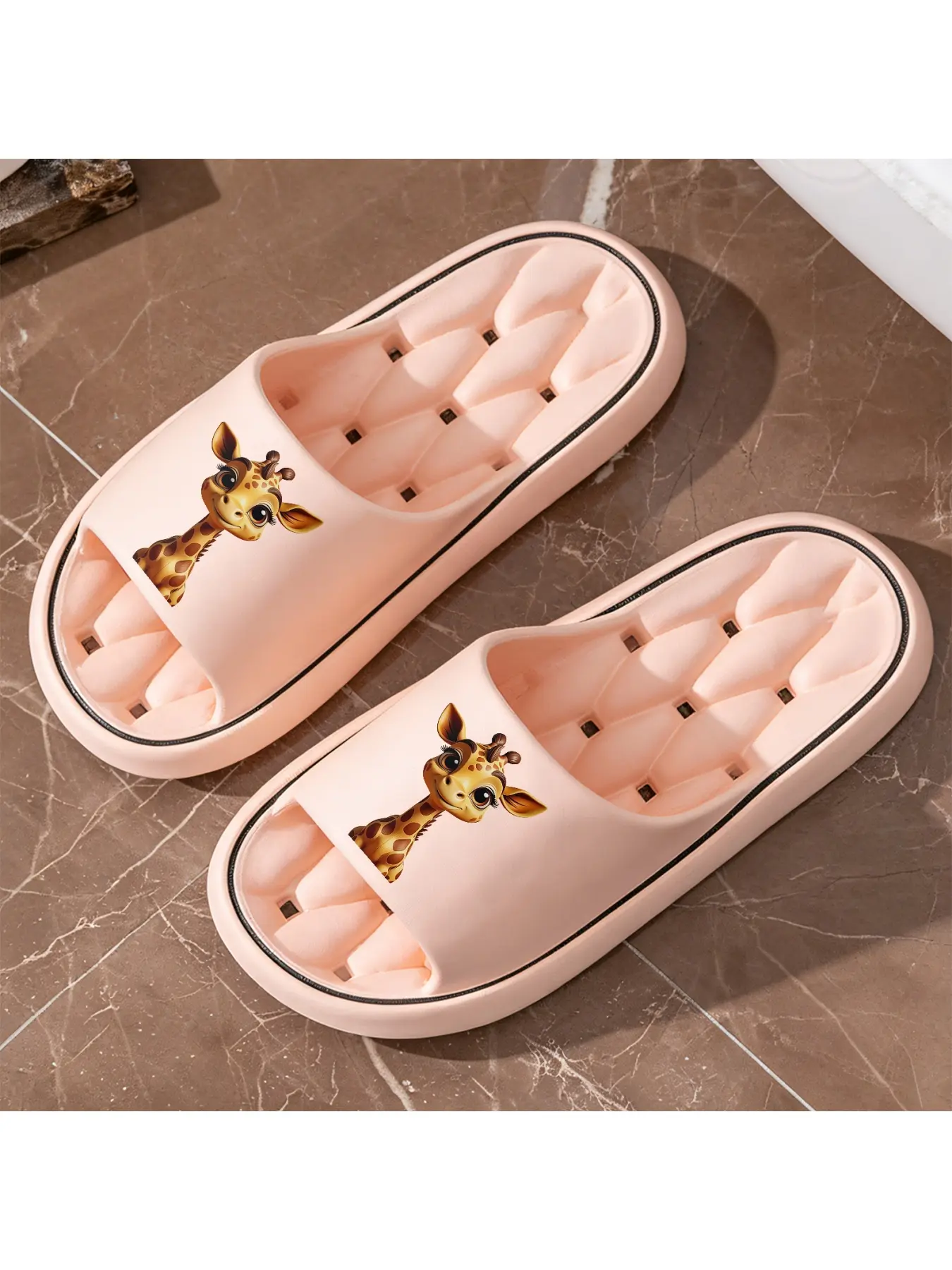 Cute Giraffe Print Hollow Out Slippers Soft Sole Summer Sandals For Boys And Girls Non-slip Breathable Slippers For Bathroom And Home Lightweight Parent-child Beach Shoes Cartoon Fun Kids Slippers Co