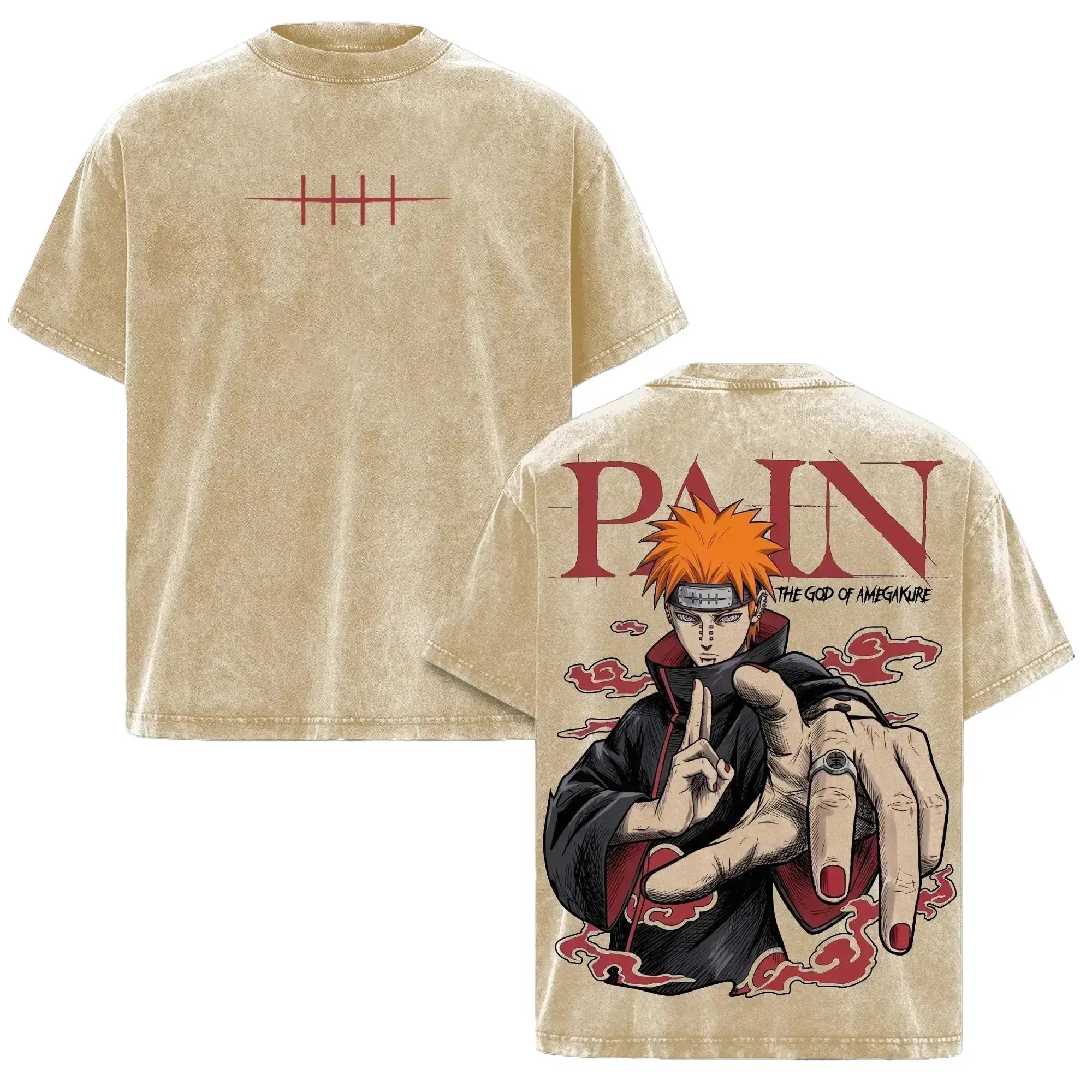 Vintage Washed Pain Nagato Graphic Tee | Akatsuki Heavyweight Cotton Oversized Shirt | Dark Anime Streetwear Men's Gift