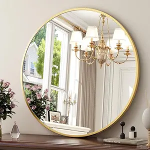 Gold Round Mirror, 24 inch Round Mirror, Gold Circle Mirror Metal Frame, Round Wall Mounted Mirrors for Bathroom, Hallway, Living Room, Bedroom. 24 Inch Round Gold Metal Wall Mirror - Stylish Circle Mirror for Entryway, Bathroom, and Living Room Decor | M