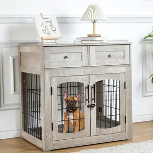 GARVEE Dog Crate Furniture with Cushion,Wooden Dog Crate Table with 2 Drawers,3-Doors Dog Furniture,Indoor Dog Kennel,Dog House,Dog Cage,Side End Table(31.5 * 23.6 * 32inch, Rustic Grey)
