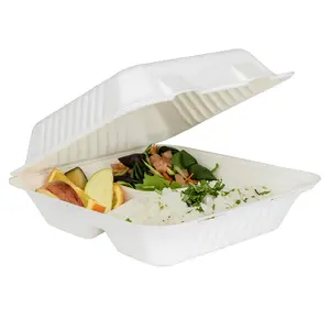 Karat Earth 8''x8'' PFAS Free Compostable Bagasse Hinged Containers, White, 3 Compartments - 200 pcs