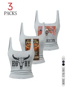 3-Pack Sexy Slim-Fit Crop Tops, Camis, Soft & Comfortable Fabric, Ideal for Daily Wear, Shopping, Sleepwear, Summer Fashion, Bull Poster Print Design