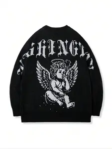 New Angel Cartoon Pattern Jacquard Knit Sweater Top, Casual Vintage Versatile Long Sleeve Washed Pullover Crewneck Round Neck for Fall/winter