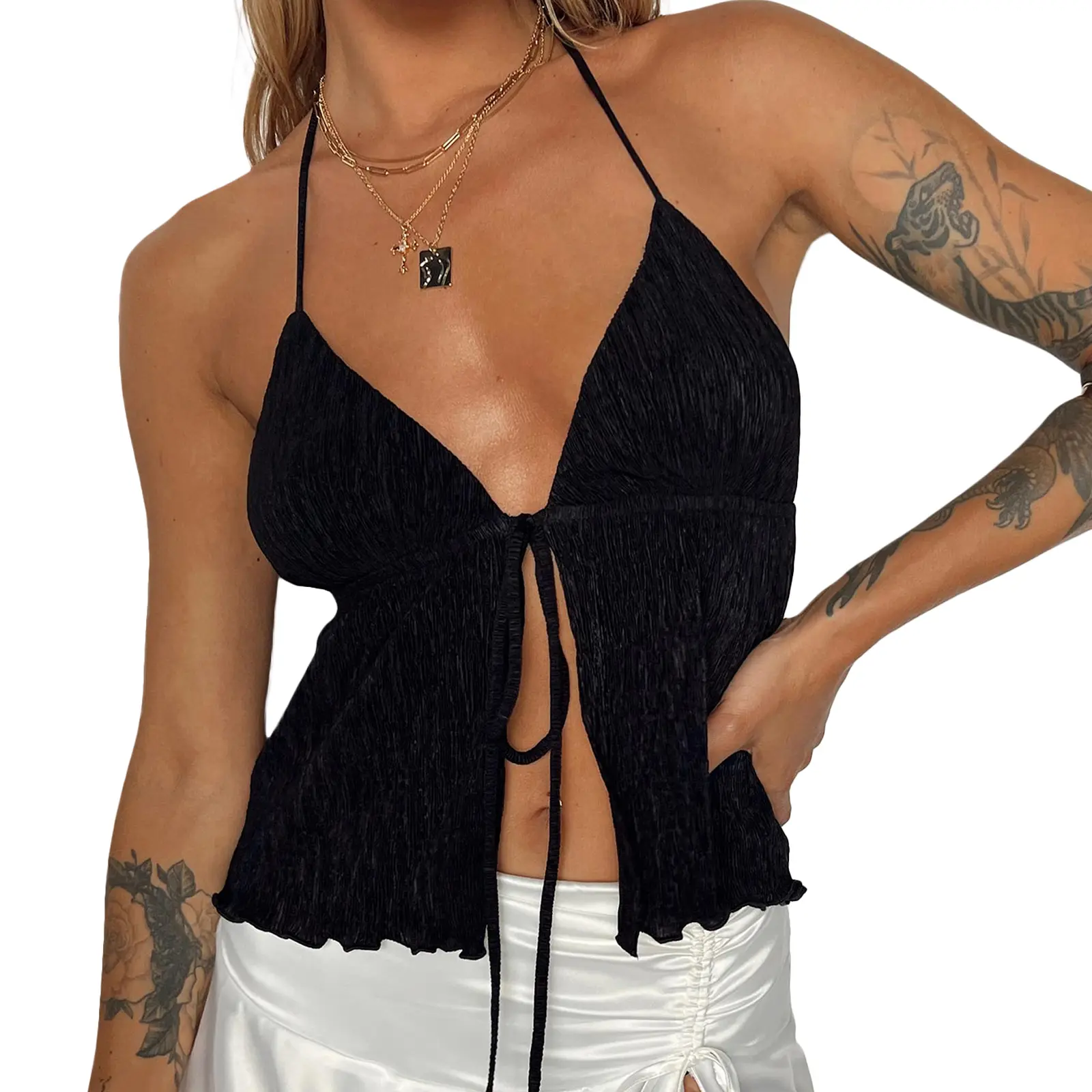 Women Halterneck Crop Tops Summer Solid Color Bandage Open Front Backless Sleeveless Tops Streetwear