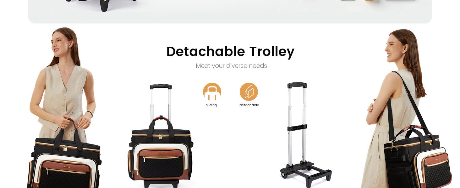 【Mother's Day Gift】LOVEVOOK Rolling Teacher Bag with Detachable Dolly and Laptop Compartment, Large Rolling Tote Bag fits for 17.3" Laptop for Teacher Office Work Craft Nurse, Quilted-Black summervibes