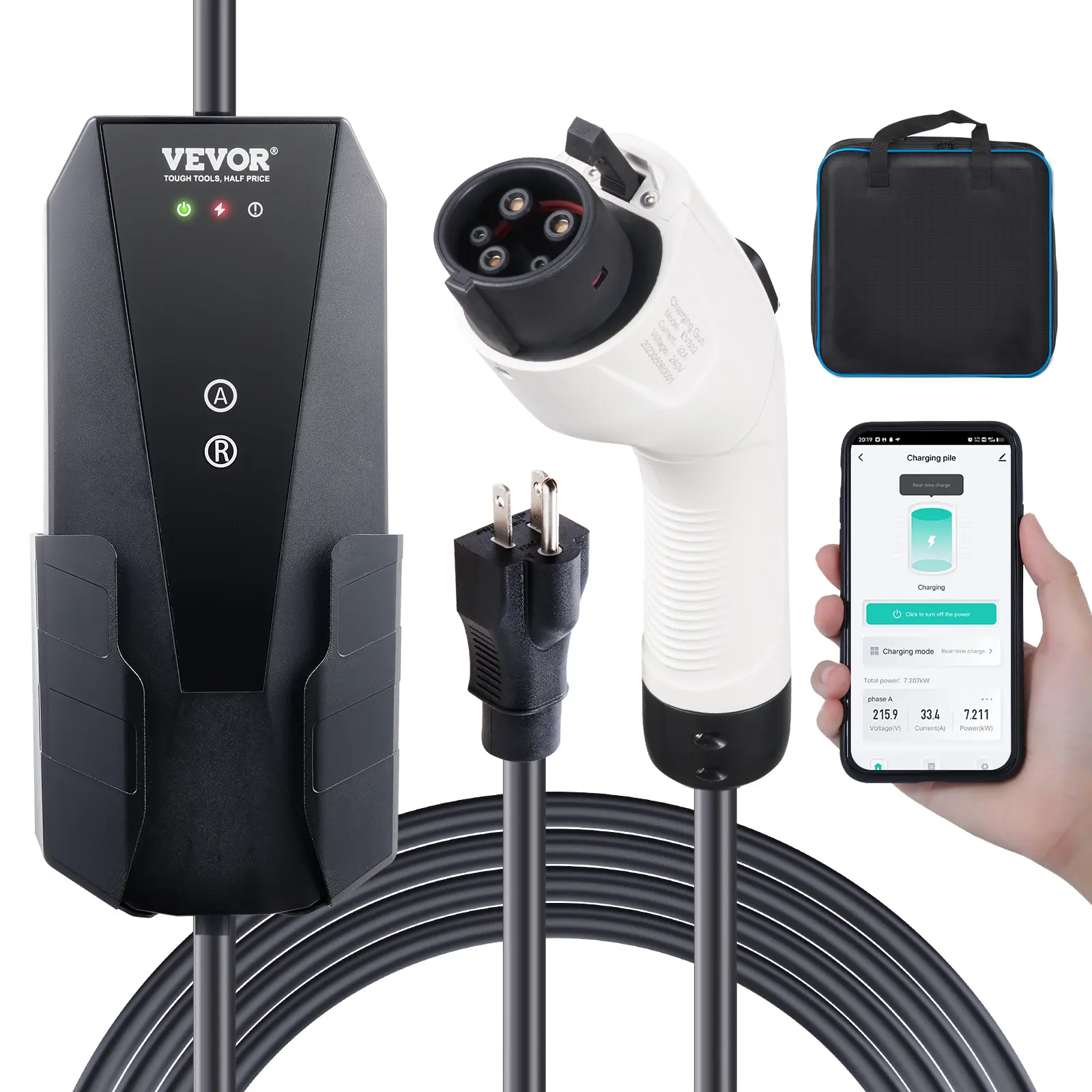 VEVOR Level 1+2 Portable EV Charger, Summervibes,Summervibes, 16 Amp 120V or 240V, Electric Vehicle Charger with 28-Foot Charging Cable NEMA 6-20P Plug NEMA 5-15 Adapter, Plug-in Home EV Charging Station for SAE J1772 EVs