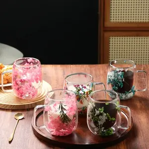 2pcs Double-Walled Glass Mugs, Heat & Cold Resistant, Stylish Floral Design with White Flowers & Green Leaves, Perfect for Coffee, Tea, Milk, Juice - Ideal for Home, Office, Outdoor Use - Great Gift for Friends & Family