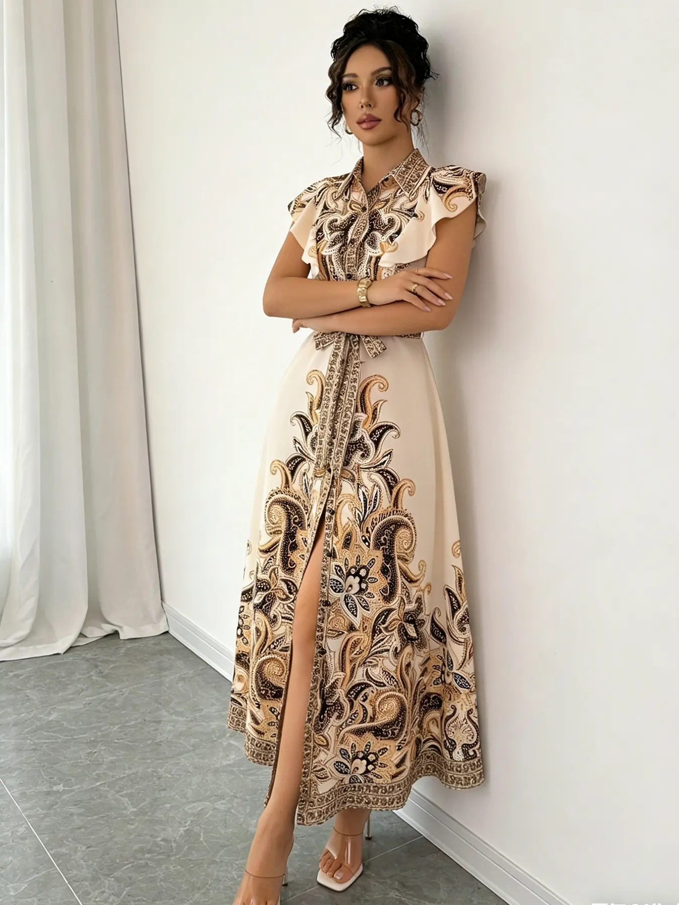 A women's apricot gold patterned slit lace up dress, Casual Belted Slit, with a slit design that highlights leg length and adjustable waistband, suitable for commuting to work, shopping and outdoor activities, Brunch Dress