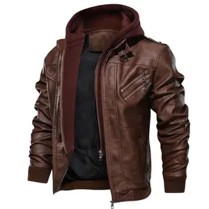 Men Brown Leather Motorcycle Jacket with Removable Hood Hoodie Casual Cotton Menswear