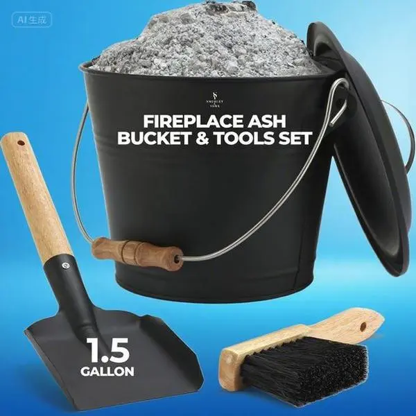 Galvanized Iron Ash Bucket with Lid - 1.5 Gallon Fireplace Accessories Set - Metal Coal Bucket & Ash Can - Includes Pail, Shovel and Broom - Durable Rustproof Fireplace Tools for Ash Removal