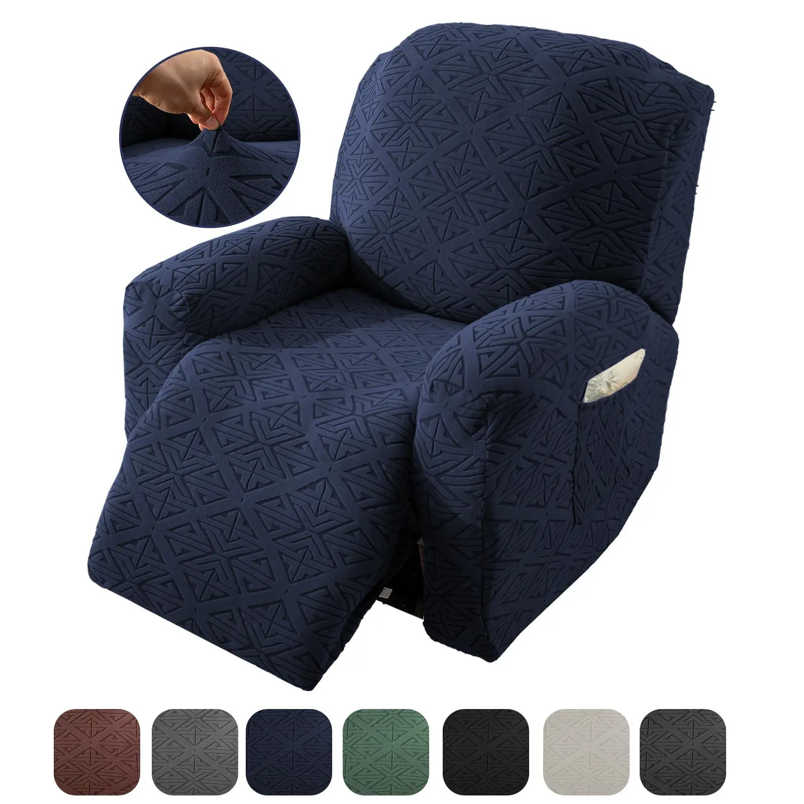 1-Seater Stretchy Soft Recliner Cover - Polyester Blend, Geometric, Slip-On Saves Time and Effort, Non-Slip, Scratch-Resistant, Washable Couch Protector with Pockets, Textured Look Elevates Living Room Decor, Stretchable Sofa Cover