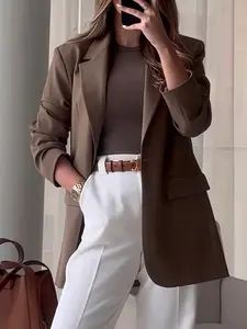 Coffee Color Loose Fit Casual Blazer Jacket with Single Button and False Pockets, Chic Stylish Elegant Commuter Wear for All Body Types, Versatile Dressing for Work and Outings, Womenswear