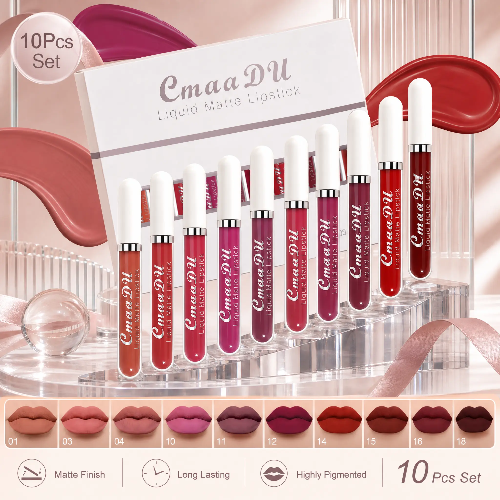 10-Pc Matte Liquid Lipstick Cosmetic Multi-Pack, Waterproof Long-Lasting Lip Tint, High Pigment Velvet Finish, Natural Nude to Burgundy Shades for Daily Wear & Everyday Glam, Any Occasion Lipstick Palettes Lip Care