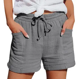 Cotton Linen Shorts for Women Plus Size Elastic Waist Drawstring Summer Beach Shorts with Pockets