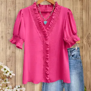 SageVell Ruffle Trim V - Neck Bright Pink Blouse, Smocked Cuffs & Front, Soft Textured Fabric, Chic Casual Style, Cute Basic Tops for Women Cotton Shirts Office Outfits Women Womenswear Shortsleeve Medium Fitted