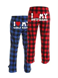 Matching Couple Pajama Pants, Pajama Set, I Love My Boyfriend/Girlfriend Graphic, Soft Plaid Flannel Loungewear, Cozy Sleepwear for Valentine's Day, Anniversary, Date Night, TikTok Trending Couple Goals Matching PJs, Red & Blue Buffalo Check Plaid