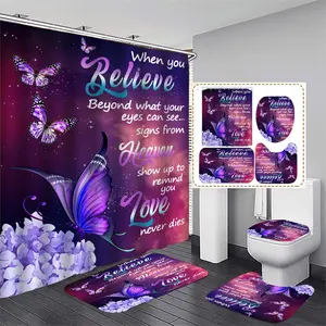 Butterfly & Letter Pattern Bathroom Set, Including 1 Count Toilet Lid Cover & 2 Counts Bathroom Rug & 1 Count Shower Curtain with 12pcs Hooks, Home Decor Supplies, Bathroom Decoration Accessories, Restroom Bathroom Accessories