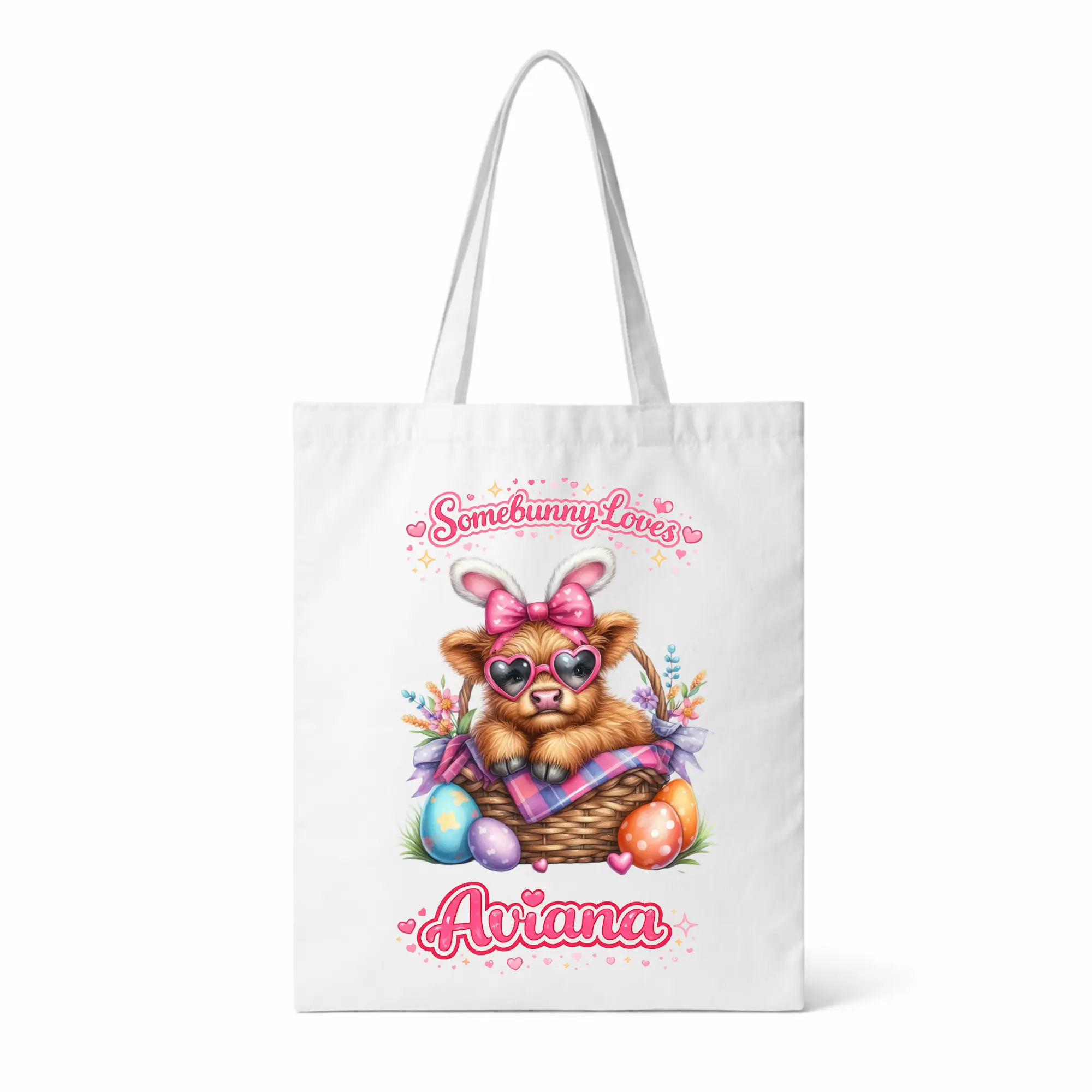 Personalized Easter Tote Bag for Girls •“Somebunny Loves” Custom Name Easter Egg Hunt Basket • Cute Bunny Cow Design Reusable Candy Bag • Double Sided
