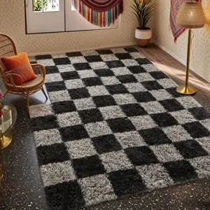 Rugs for Bedroom Living Room, 4x6 ft Black and Grey Checkered Area Rug, Fluffy Soft Washable Carpet, Modern Non-Slip Shag Carpets for Boys Girls Nursery Home Aesthetic Decor