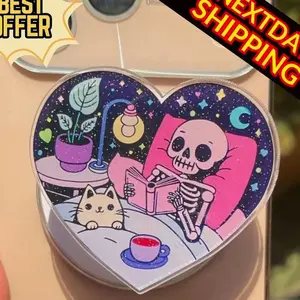 Skeleton Cat Reading Magnetic Phone Grip: Cozy Spooky MagSafe PopSocket, Cute Bookish Phone Holder, Fun Gift For Readers and Bookworms
