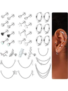 33Pcs Stainless Steel Cartilage Earrings for Women Flat Back Stud Earrings Helix Earring Small Hoop Chain Earrings Hypoallergenic CZ Opal Star Heart Snake Tragus Conch Helix Piercing Jewelry