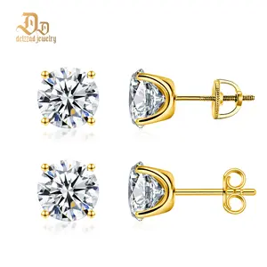 Delzzad 14k Gold-Plated Solitaire Four Prong Earrings Screw Back/Butterfly Back Lab-Created Moissanite Stud Earring S925 Sterling Silver Moissanite Jewelry Perfect Birthday Mother’s Day Christmas Gift for Women Studearrings
