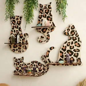 Wooden Leopard Print Cat Design Wall Mounted Shelf, 1 Count Floating Corner Shelf, Wall Decor for Home Living Room Bedroom Bathroom