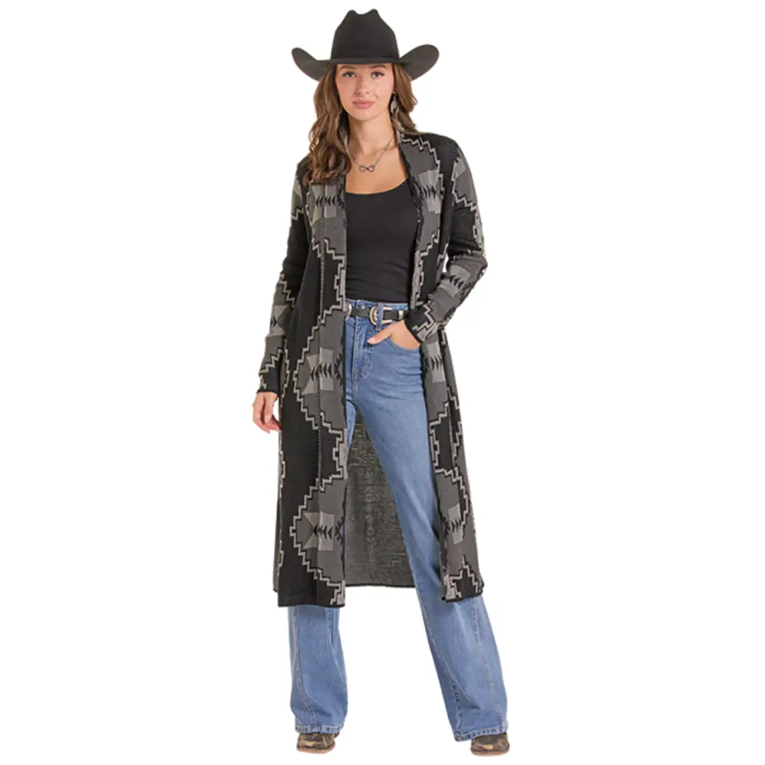 Rock & Roll Denim Ladies Black Aztec Print Duster BW95T09736