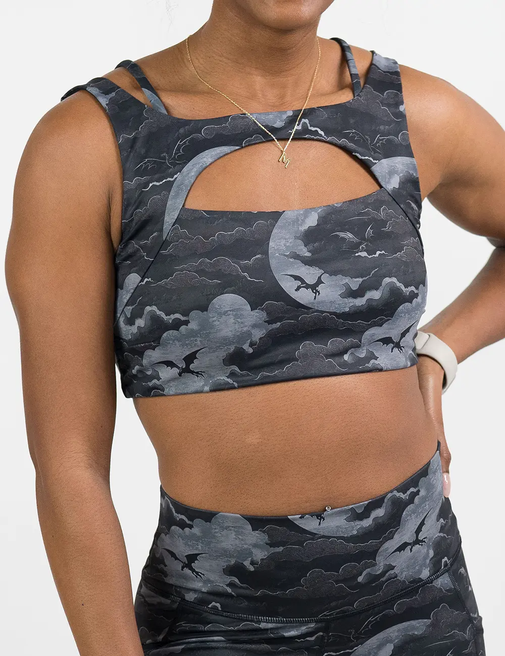 CVG Women's Vista Bra, Sporty Chic Night Flight Print with Cut Out Design, Medium Impact Support with Adjustable Straps & Removable Padding