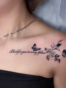 1pc Washable Waterproof Sweat-Proof Non-Reflective Artistic Rose, Butterfly, English Letter, Inspirational Temporary Tattoo, Romantic Clavicle Design, Suitable For Fashionable Daily Use