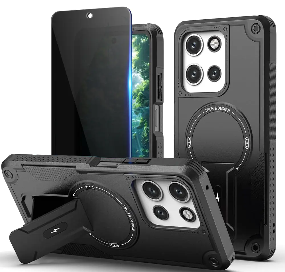 Magnetic Phone Case for Moto G 2025/2026 - MagSafe Compatible, with Privacy Tempered Glass Screen Protector, Invisible Kickstand, Shockproof, Black, Privacy Screen Protector