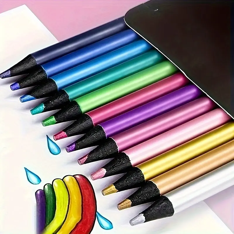 12pcs Shimmering Metallic Colored Pencil Set - High-Quality Art Supplies for Sketching & Drawing - Vivid, Blendable Colors Ideal for Artists