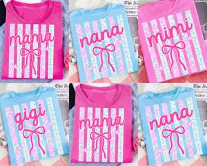 Comfort Color Personalized Mama Nana Mimi Gigi Shirt, Coquette Bow Grandma T-shirt, Pink Preppy Name Tee, Cute Mother’s Day Gift for Mom, Nana, Mimi, Gigi, Custom Family Shirt