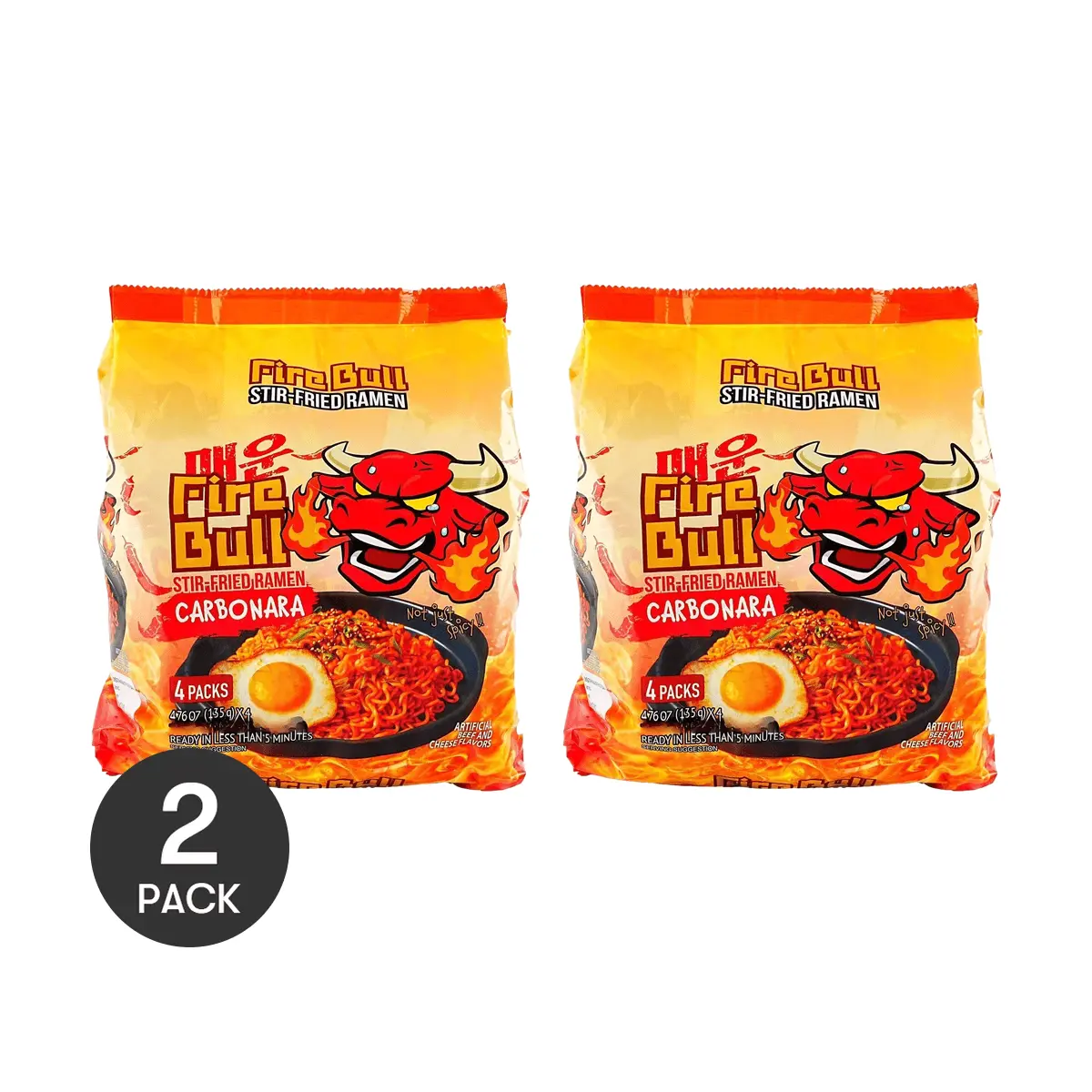 2 Pack FIRE BULL Korean Spicy Stir-Fried Ramen Noodles - Creamy Bacon Flavor, 4-Bundle Packs, 476g Each - Authentic Korean Instant Noodles for Quick & Delicious Meals