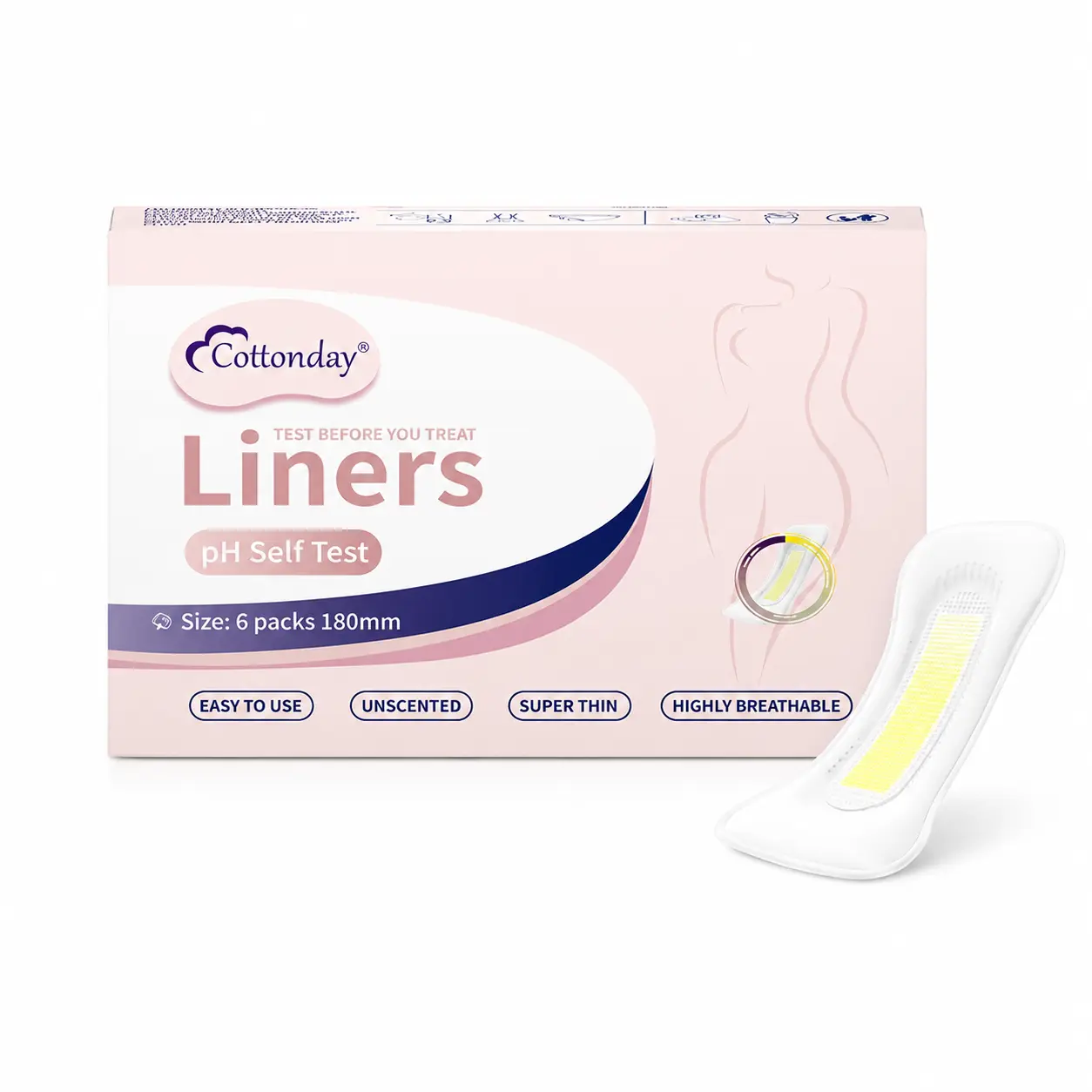 Cottonday Feminine Care Daily Liners, 18cm, 6pcs, Soft & Breathable, pH Test Liners for Women - 6 Packs, 99% Accurate, Easy to Use, Private & Reliable Feminine Health Screening for Vaginitis, Yeast & Bacterial Infections