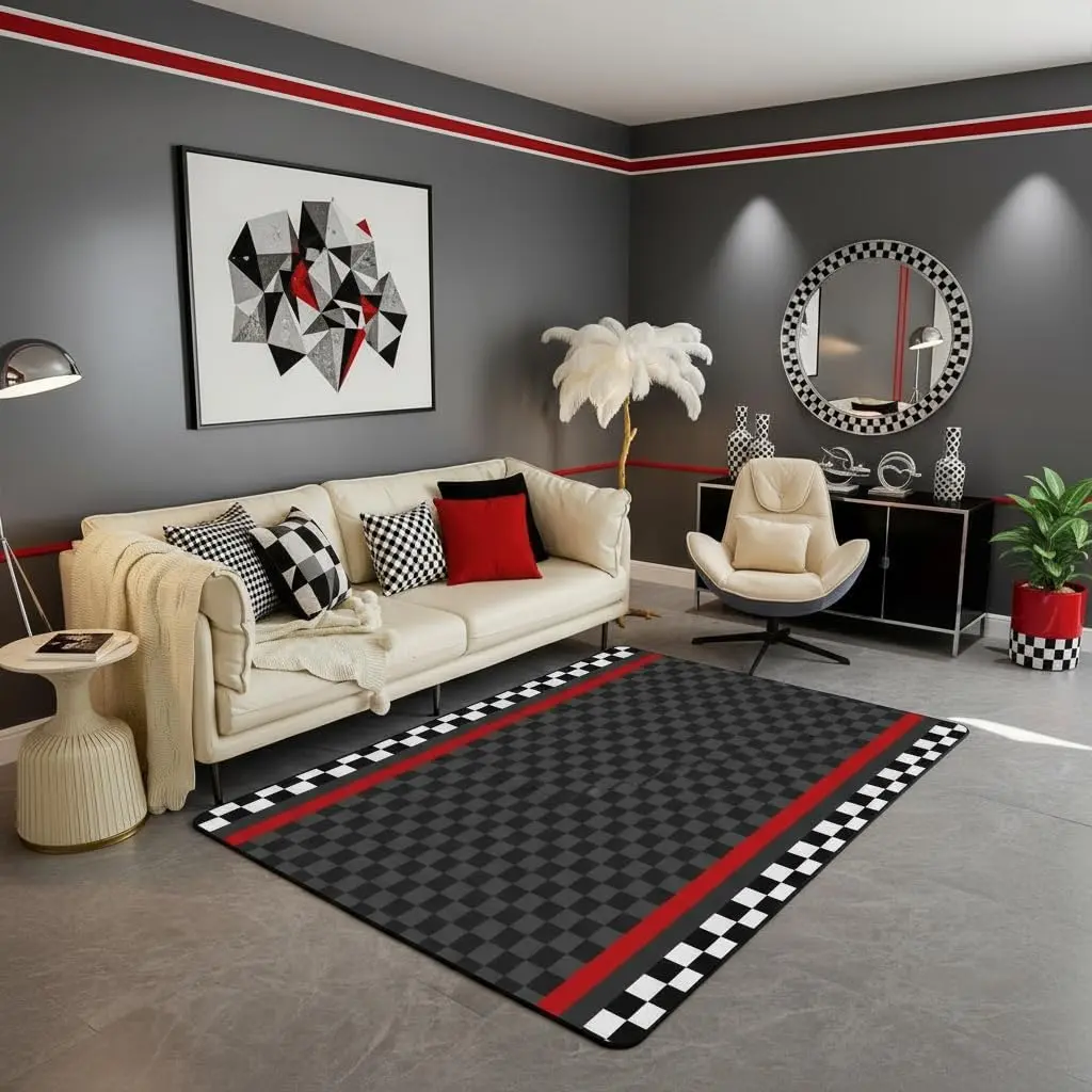 Racing Car Track Area Rug 3'x5',Black Honeycomb Non Slip Carpet Adults,Black White Flag Plaid Decor Rug for Living Room Bedroom Playroom Backyard