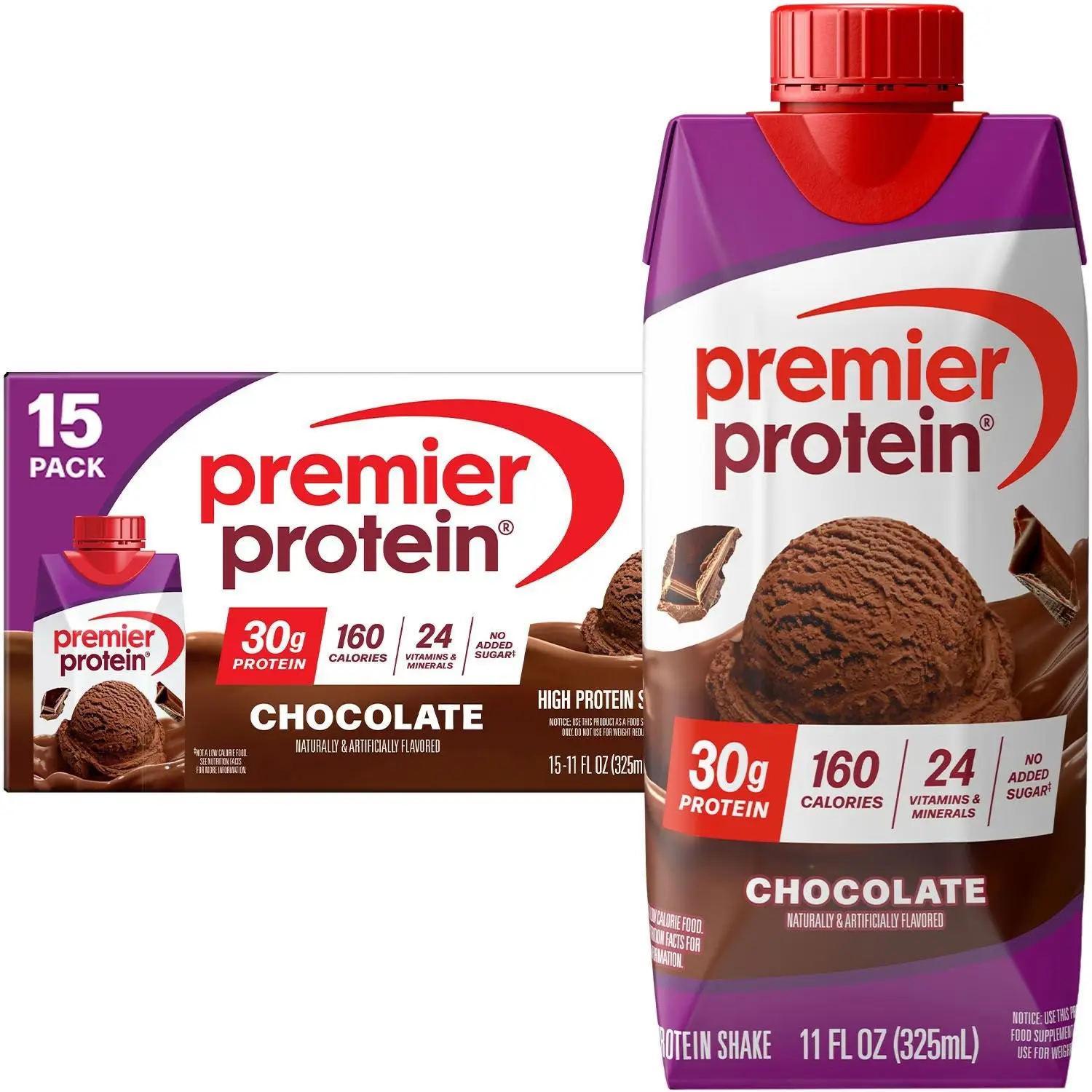 Premier Protein 30g High Shake, Chocolate Flavor, Gluten Free, Ambient Milk Proteins, 11 fl. oz., 15-Pack, Cupboard-Stable Healthy Choice