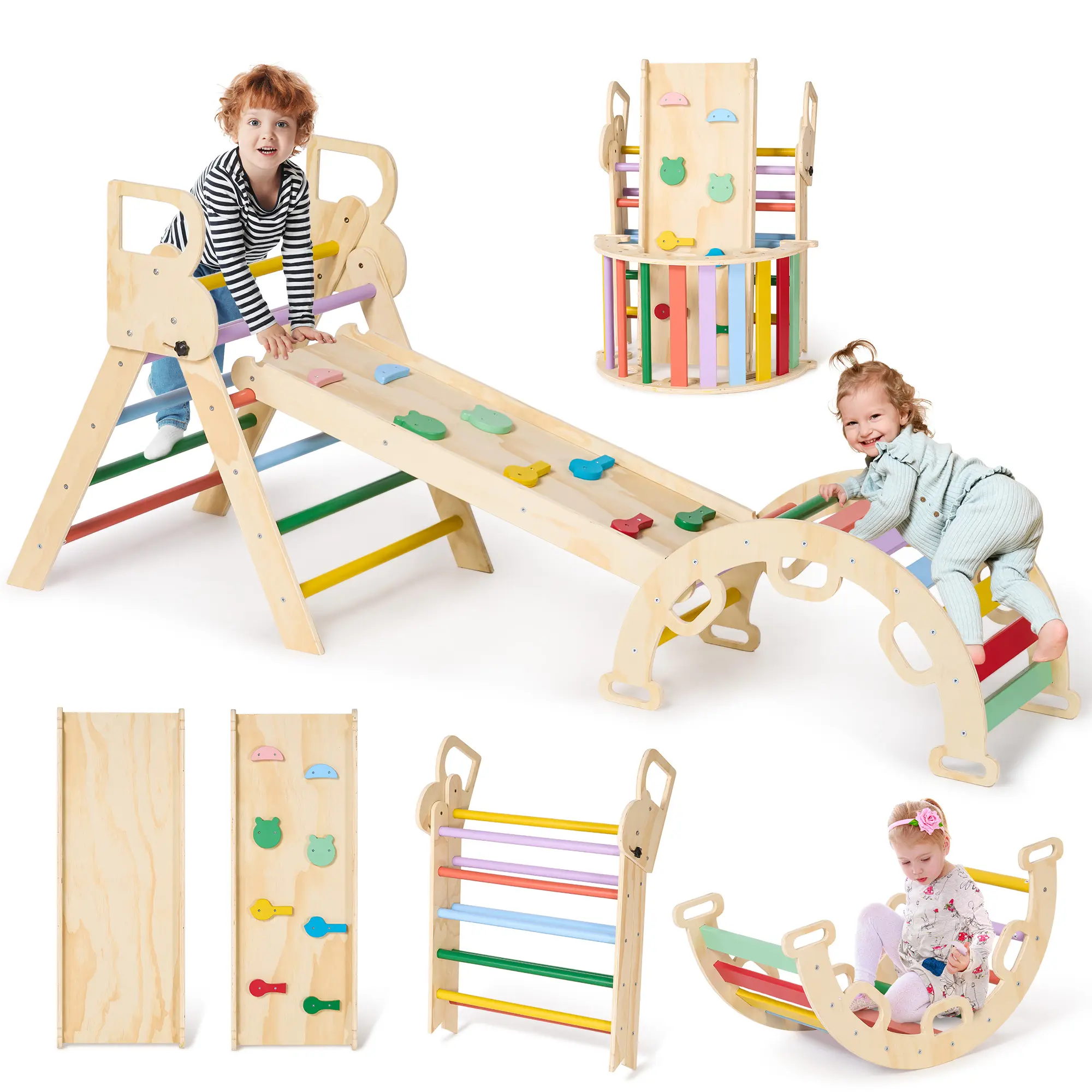 Pikler Triangle Set Toddler Climbing Toys Indoor with Ramp, Arch and Foldable Triangle, Easy Assembly Playground Jungle Gym for Kids