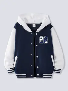 Teen Boys Hooded Baseball Jacket, Colorblock Letter Print Design, Casual School Uniform Outerwear, Comfortable Daily Wear