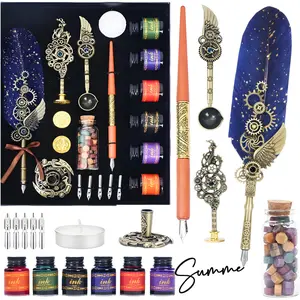 Feather Pen Ink Set,Wax Seal Stamp Set, Feather Calligraphy Pen Set, Fountain Pen Set, Valentine's Day Gift for Writing Lovers Birthday Gift, Holiday Ideal Gift,Calligraphy Pen Ink Set