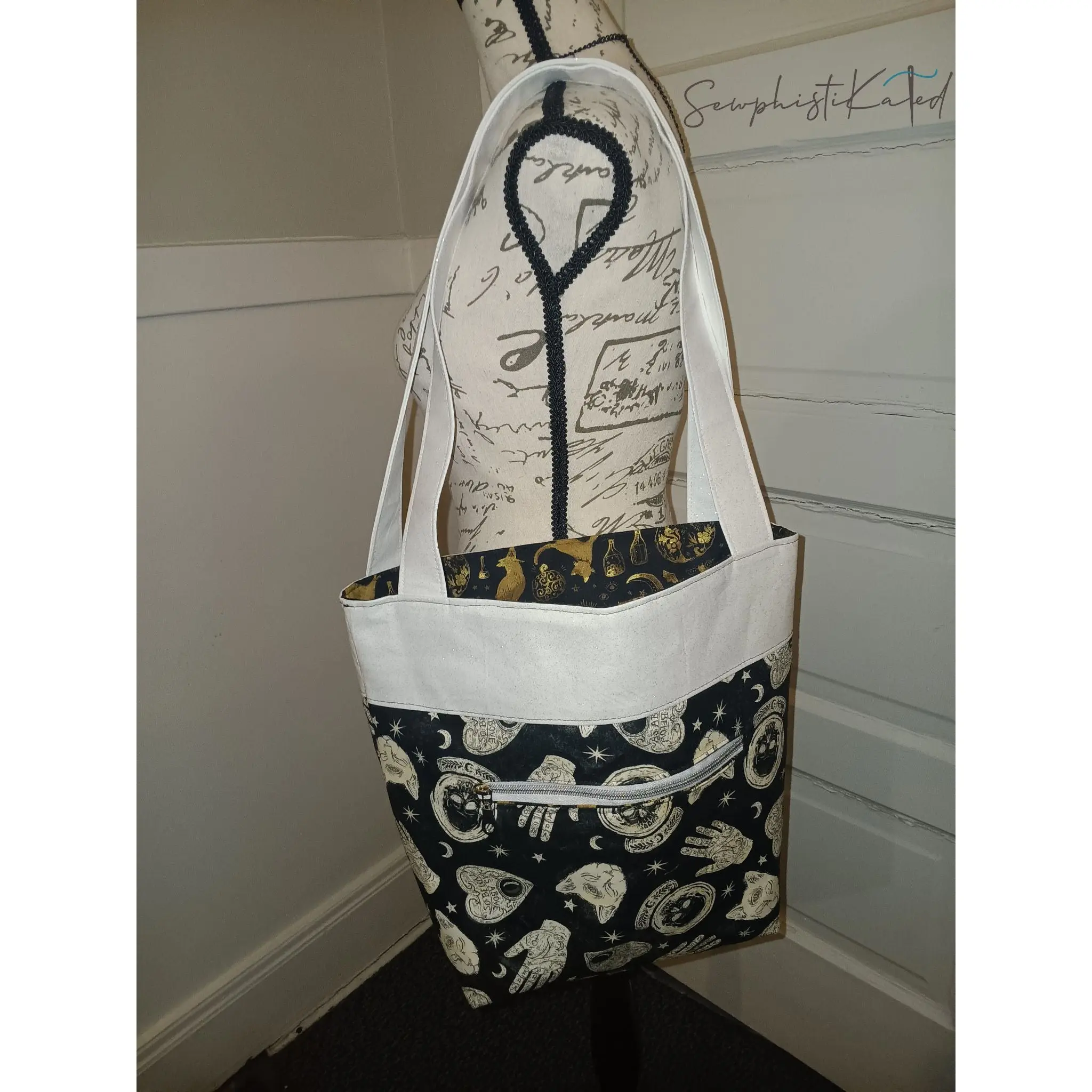 Midnight Divination Tote Bag – Handmade Witchy Bag with Multiple Pockets & Mystic Print