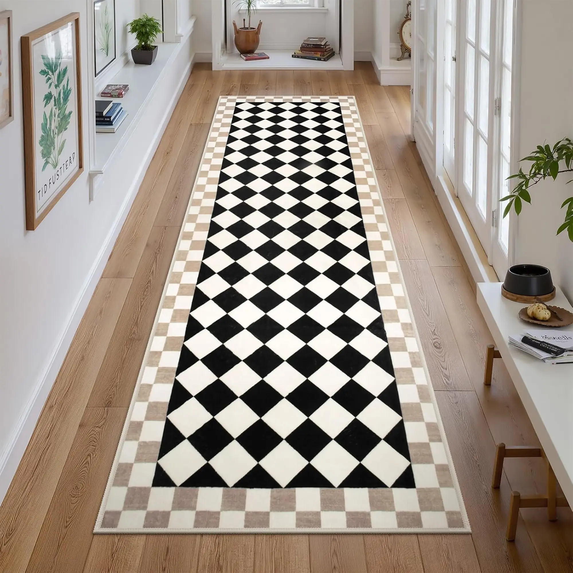 Classic Checkered Pattern Long Hallway Rug, Modern Runner Rug, Home Decorative Rugs, Soft Plush Washable Non-Slip Carpet, Modern Home Decor for Living Room Bedroom Laundry Room, Machine Washable Rug