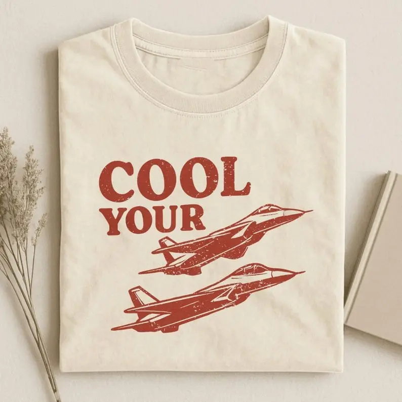 Women's Fitted Cotton Short-Sleeve Casual T-Shirt - Funny "Cool Your Jets" Graphic, Checkered Retro Pun, Distressed Fighter Jet Style, Cold Wash Compatible, Shortsleeve, Casual Wear, Tshirt, Tops, Round Neck, Tee, Crew Neck, Streetwear, Distressed Look, B